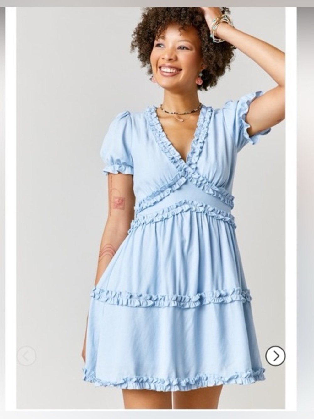 Francesca's Collections Baby Blue Ruffle V‑Neck Mini Dress